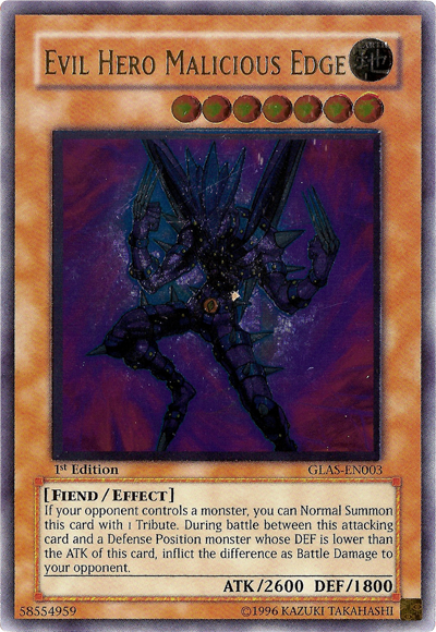 1996 first edition yugioh cards Evil Hero Malicious Edge [GLAS-EN003] Ultimate Rare – Media Reload